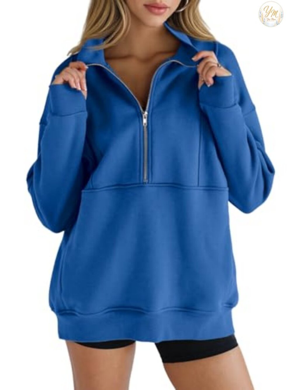 Women's Fleece Half Zip Sweatshirt Oversized Pullover Thumb Hole Pockets